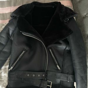 Black faux leather aviator coat